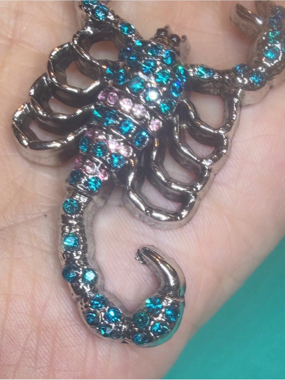 Rhinestone Scorpion Brooch in Teal and Pink